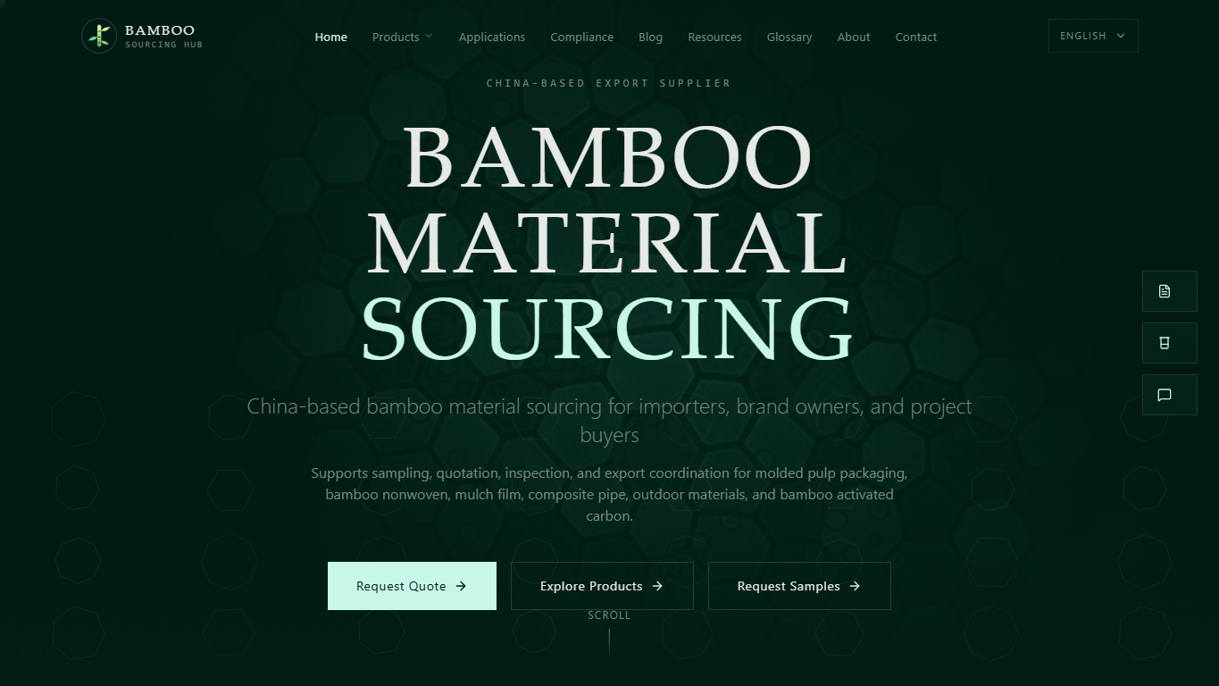 Screenshot der Homepage von BambooSourcingHub.com, der Nachrichten zur Beschaffung von Bambusmaterial zeigt
